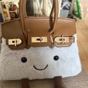 Plush Brown and Cream Faux Fur Top-Handle Tote with Gold Hardware